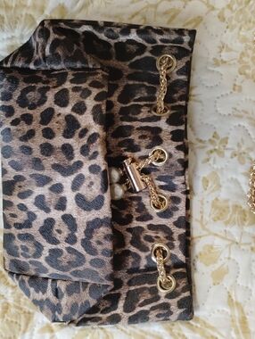 Leopard Print Chain-Accent Clutch - Brown